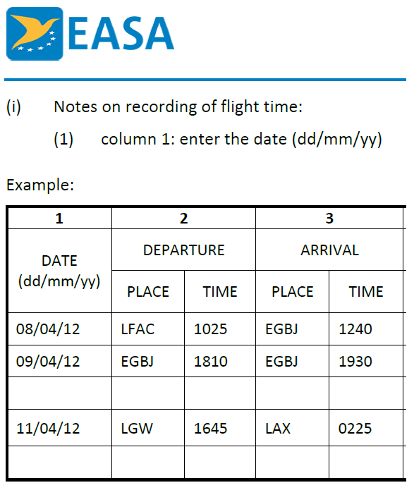 Auszug aus dem Musterflugbuchformat in EASA AMC1 FCL.050 mit den wichtigsten obligatorischen Datenwerten.